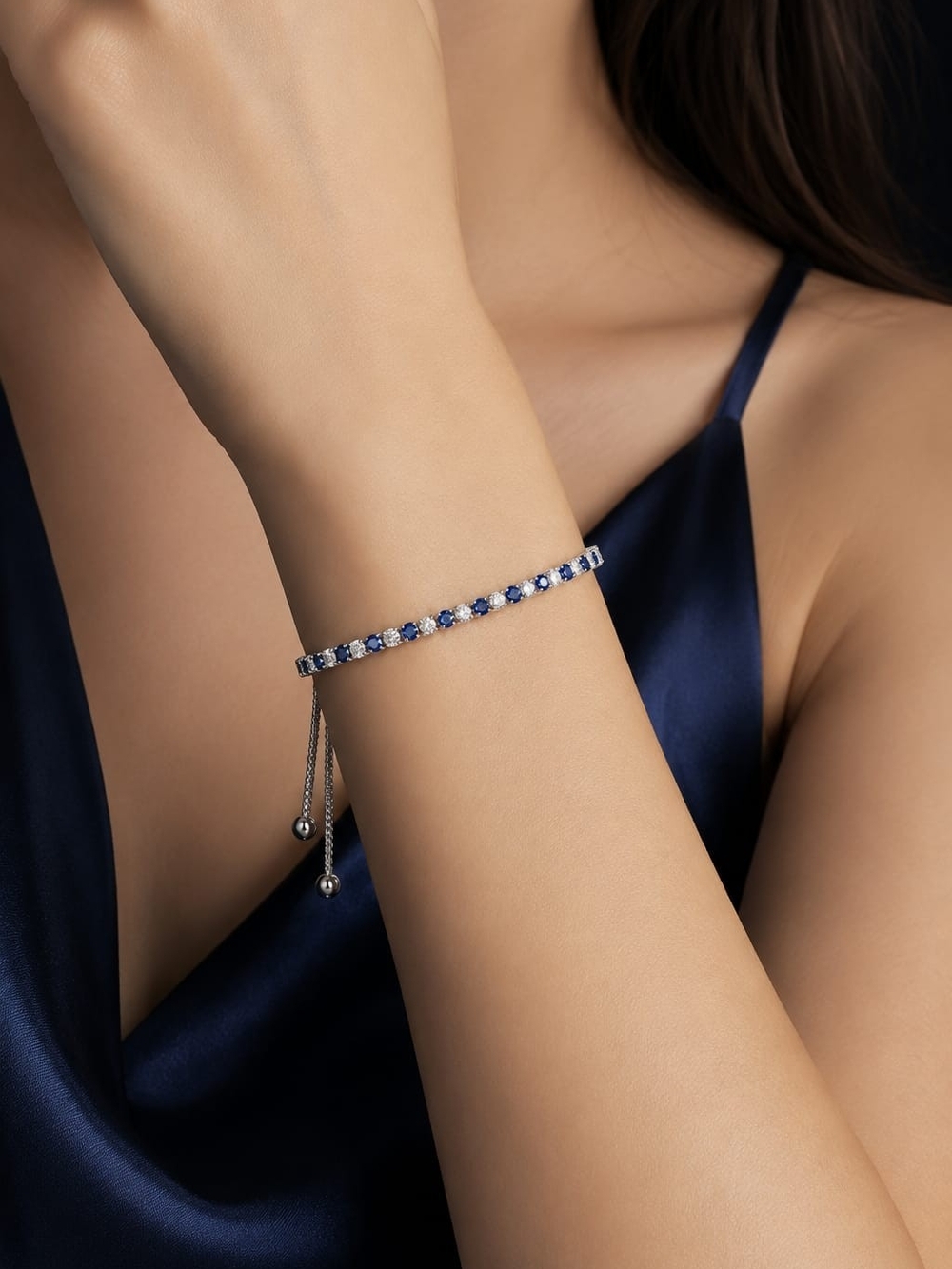 Silver Tone Blue Sapphire Tennis Bracelet